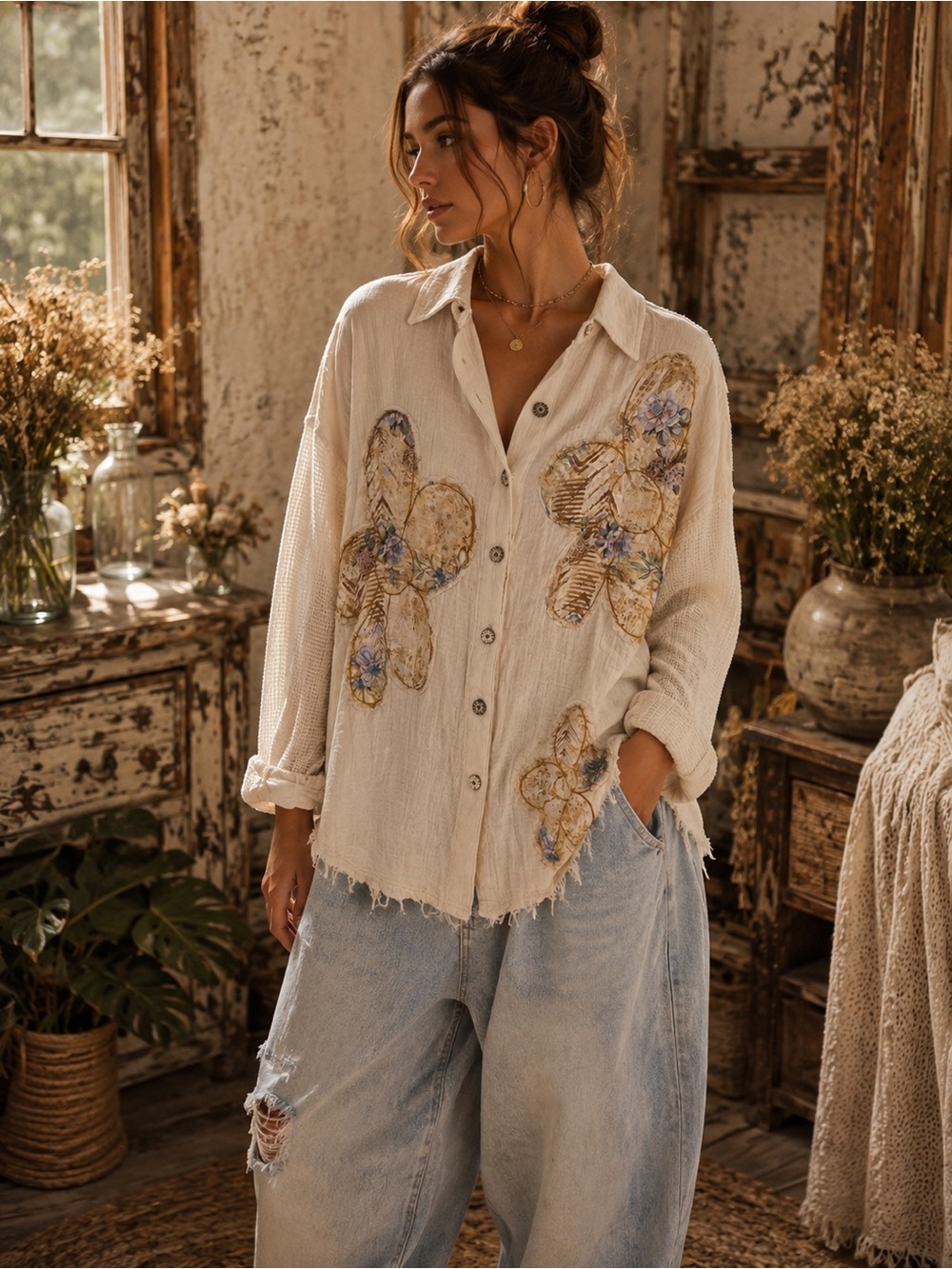 228🌟 Boho Patchwork Floral Appliqué Shirt – Small